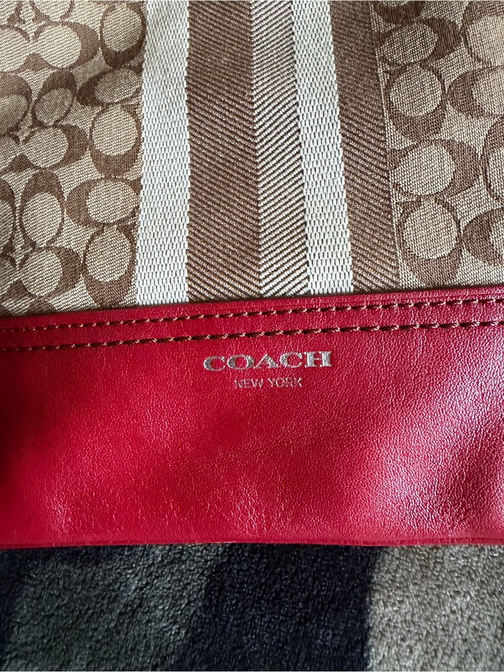 Coach Beige Signature Canvas Tote with Red Leather Trim